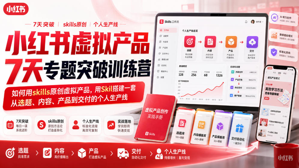 小红书虚拟产品7天专题突破训练营，如何用skills原创虚拟产品，用Skil搭建一套从选题、内容、产品到交付的个人生产线-云网创